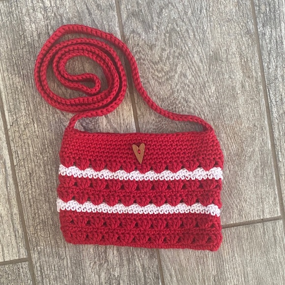 Handbags - Handmade Red Crochet Crossbody Bag with White Accents